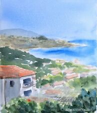 Aquarelle Originale, Baie de SanRemo, Italie, Artiste côté Akoun