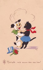 CPA FANTAISIE :  GIL  CHAT NOIR  ET CHIEN HUMANISES QUI DANSENT