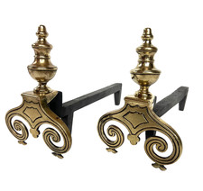 Paire de chenet XIXe en bronze et fonte, accessoire de cheminée