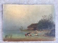 peinture RUDOLF ALERS oil on panel scene campagne vache mouton huile sur panneau