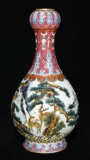 11.2 "Qing marqué émail couleur porcelaine grue oiseau cerf bouteille de vase