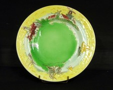 ASSIETTE BARBOTINE MAJOLICA KG LUNEVILLE ST CLEMENT 1900 MOULIN BATEAU EGLISE