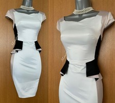 Karen Millen UK 8 Beige Crème Noir Satin Soyeux Habillé Bal Péplum Robe Crayon