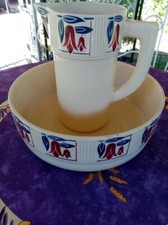 Service de Toilette Broc Cuvette Demi Porcelaine Badonviller Art Déco Rouge Bleu