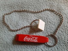 Vintage Enjoy Coca Cola Bottle opener on Chain w/adhesive tab Red,white letters