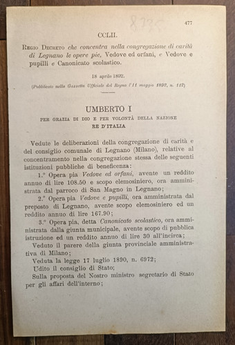 Legnano 1892 décret - legnano,
