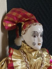 Poupée Clown Harlequin Vintage de Collection - Porcelaine et Soie Dorée/Rose