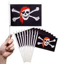 Drapeau pirate à main – 10 pièces – 12x20cm - avec mât de 30cm - en tissu pol...