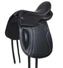 Selle de dressage sans arçon 1136 en cuir souple noir avec surpiqûres blanches
