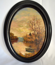 JOLI TABLEAU ANCIEN SIGNE GIL PAYSAGE AUTOMNAL AVEC RIVIERE ET BARQUE 28 x 22,5