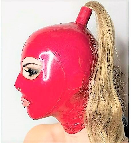 Latex hood with - with, ponytail