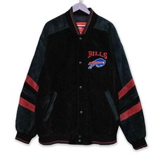 Blouson D'Aviateur NFL Bills Vintage 100% Cuir Noir Et Rouge Avec Boutons Âge 80