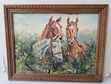 Tableau Huile sur Isorel - Chevaux Signé SL (Signature a identifier)