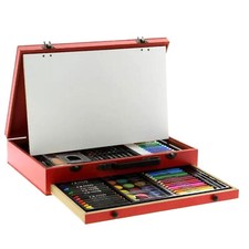 COFFRET MALLETTE ARTISTE BOIS 112 PIECES 2 NIVEAUX CRAYONS PASTEL PEINTURE ET +