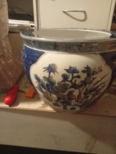cache pot en faïence ancien chinois couleur bleu avec motif