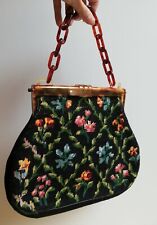 Sac aumonière ancien,année 50, haute couture, bakélite, tapisserie