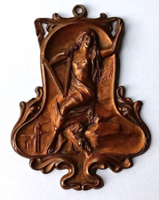 Plaque bronze Art Nouveau femme harpe ornement relief déco lady figurine