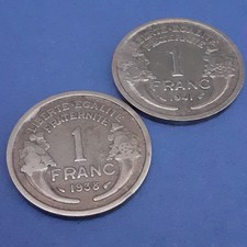 Lot de 2 Pièces de monnaie 1 Franc MORLON 1938 et 1941 Cupro-alu TTB nettoyées.