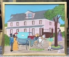 Tableau Huile Michel M. OBIN (né 1949) Art Naïf Haïti Maison Coloniale Calèche