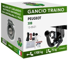 Attelage Démontable Horizontale Peugeot 308 Hayon 3-5 portes 13-21 7 câblage