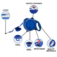 Laisse Rétractable Chien 5-en-1 avec Eau, Gamelle, Sacs Déjections & Crochet –
