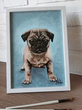 Peinture originale carlin animal chien peinture à l'huile encadrée 12 par 9...