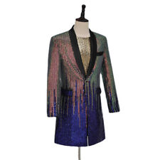 Hommes Sequin Long Veste Costume Blazer Robe Manteau Habillé Fête Showman Haut