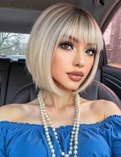 Perruque Femme Synthétique Blonde Racine Foncé Wig Femme Courte 25cm +1 Bonnet