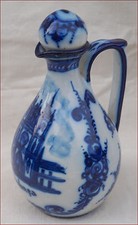 Portuguese Blue and White Hand Painted Faience Alcobaca Lidded Cruet Carafe Pal