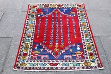 Vintage Main Fabriqué Traditionnel Tapis Oriental Coton Red Bleu Petit 128x100cm