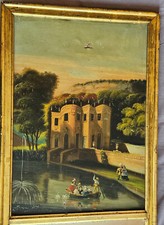 Trumeau XIXème à restaurer  Peinture " Château barque & lac " Miroir  Cadre doré