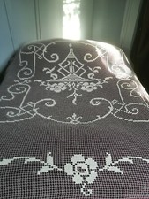 Antique Ancien Dessus de Lit/couvre lit de mariage-Dentelle Au Filet/Fuseau