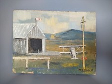 Tableau Signé Marcel Pressac Aérodrome Avion Hangar Huile Sur Isorel