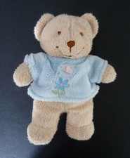 R4. Doudou peluche TEX CARREFOUR OURS BLEU BEIGE ROSE FLEUR PAPILLON GRELOT TBE