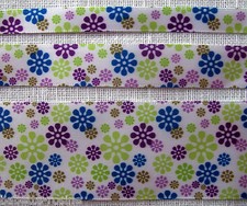 RUBAN SATIN FLEURS LIBERTY Printemps Bleu Vert Violet - Choix de largueur