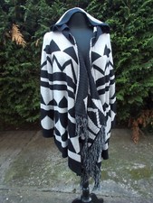 ORIGINAL pull cape poncho noir/blanc à fils RAINBOW XL 48/50 capuche ss boutons