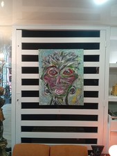 Grand Portait Tableau Sur Toile Visage Multicolore Art Brut Outsider Singulier 