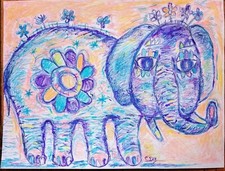 Tableau peinture Éléphant enfant mignon Pachyderme 21x29cm/feuille signé S. Dez