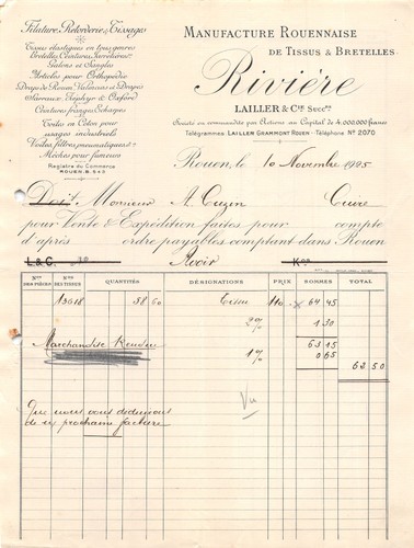Facture 1925 tissus riviere - ,