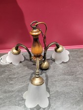 lustre ancien bois et cuivre avec 3 tulipes 