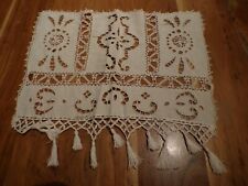Linge ancien Rideau Brise bise Têtière  brodé lin blanc avec pompons