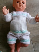 vêtement baigneur bébé poupon pull culotte blanc vert, ancien 1970, pour un 60cm