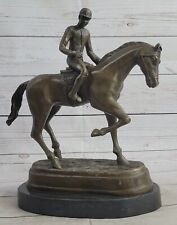 Signée Original Jockey Avec Cheval Bronze Marbre Statue Animal Sculpture Œuvre