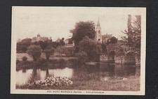 SAINT-MARCEAU (72) AGRICULTEUR en ATTELAGE AGRICOLE au PONT & EGLISE en 1949