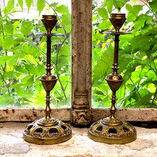 Paire Bougeoirs Anciens Laiton Doré Ciselé Napoléon III - Signé Numéroté - 19ème