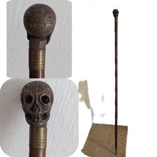 Ancienne Cannes Memento Mori Pommeau Tête de Mort Crâne Bois Sculpté 96,5 cm