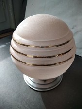 ancien plafonnier lustre boule verre rose, 3 bandes dorées & partiellement givré