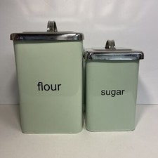 2 Pier 1 Imports Square Enamel Metal Canisters Chrome Lids Mint Green Flour