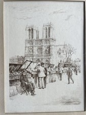 Dessin Encadré de LUC 'Paris Les Bouquinistes  et Notre-Dame'