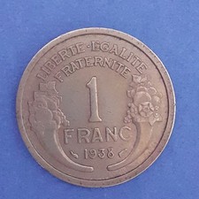 Pièce de 1 Franc MORLON année 1938 en cupro-aluminium qualité TTB+ nettoyée.